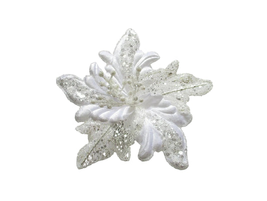 10" White Net Poinsettia Flower Clip Set Of 6