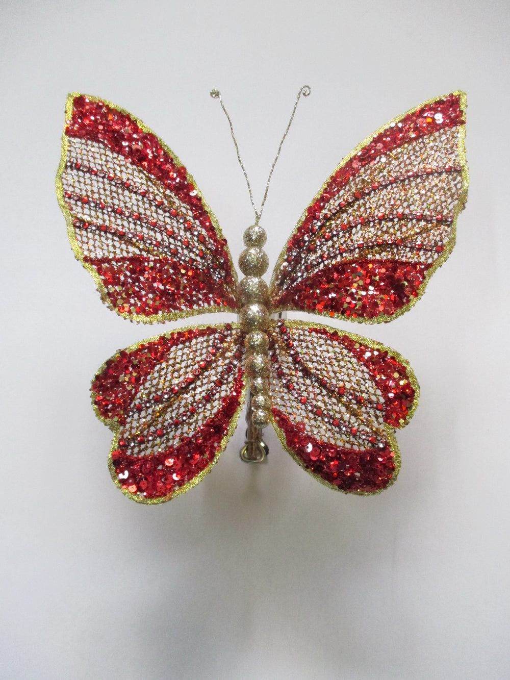 8" Red & Gold Glitter Butterfly Clip Set Of 6