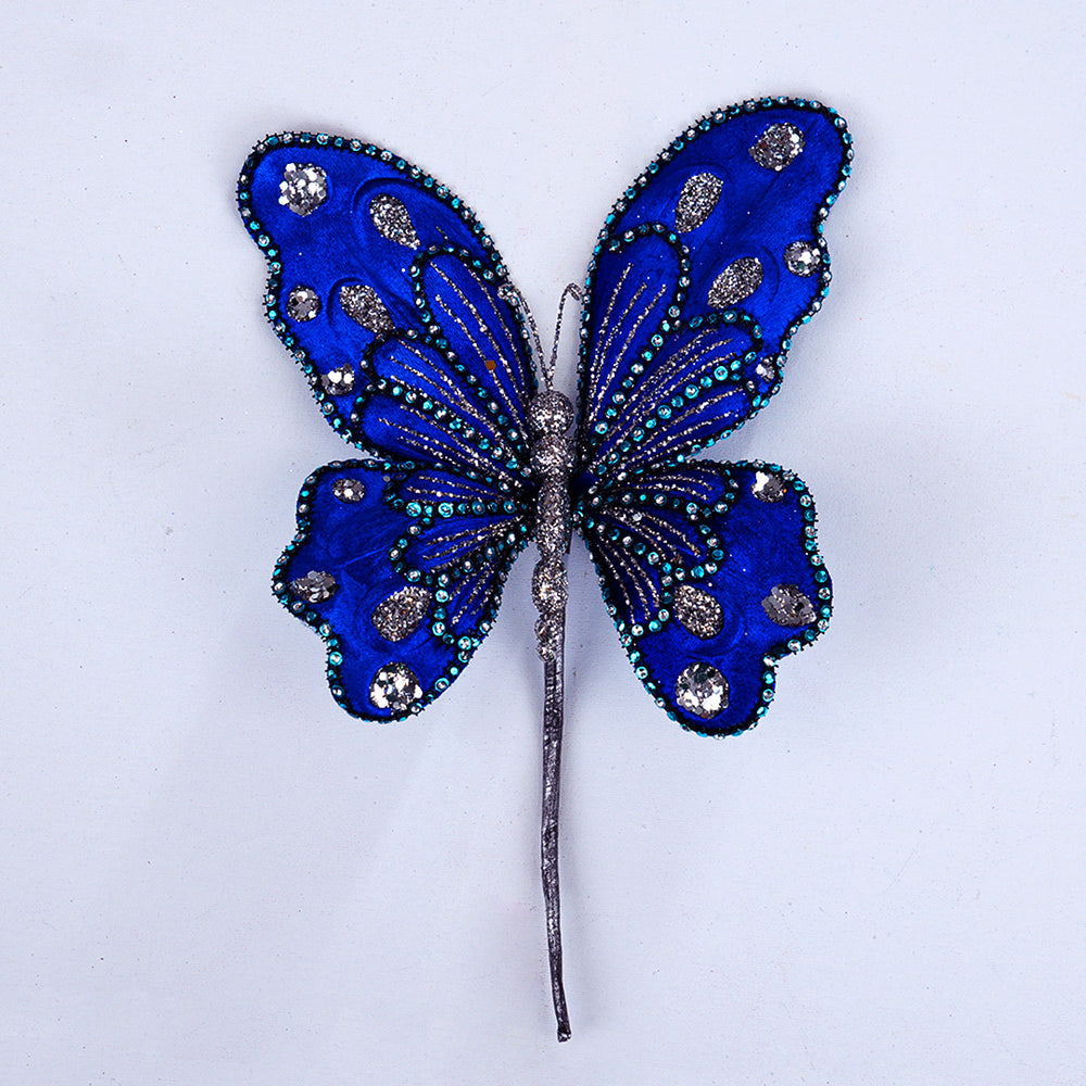 9" Blue Glitter Butterfly Pick Set Of 6