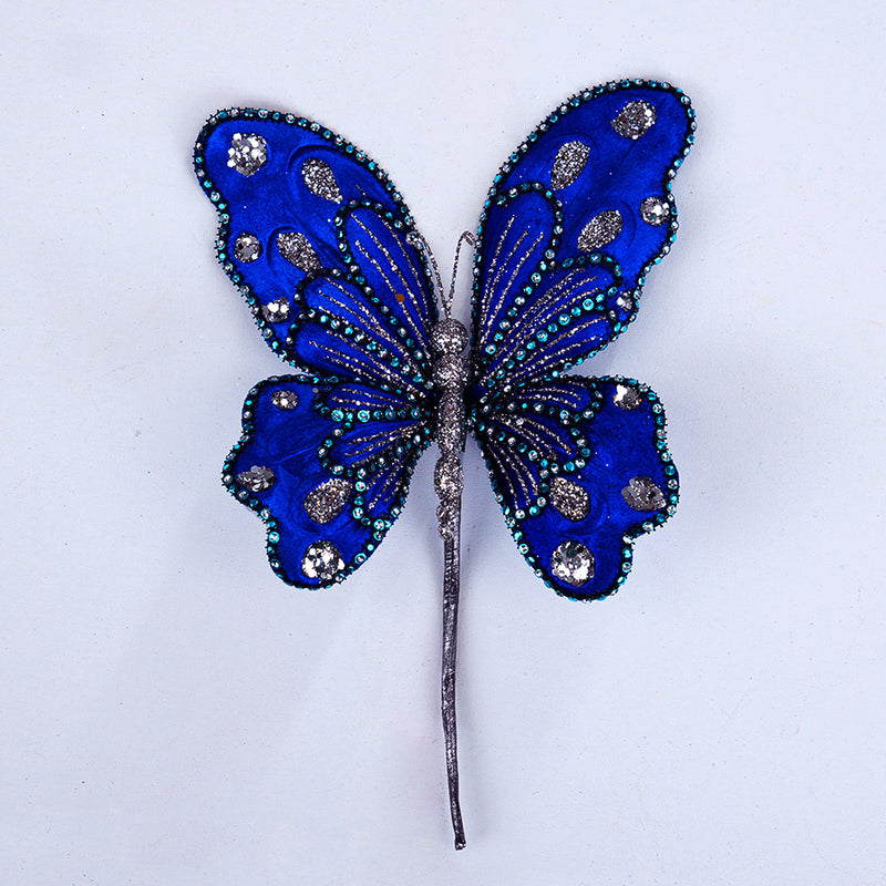 9" Blue Glitter Butterfly Pick Set Of 6