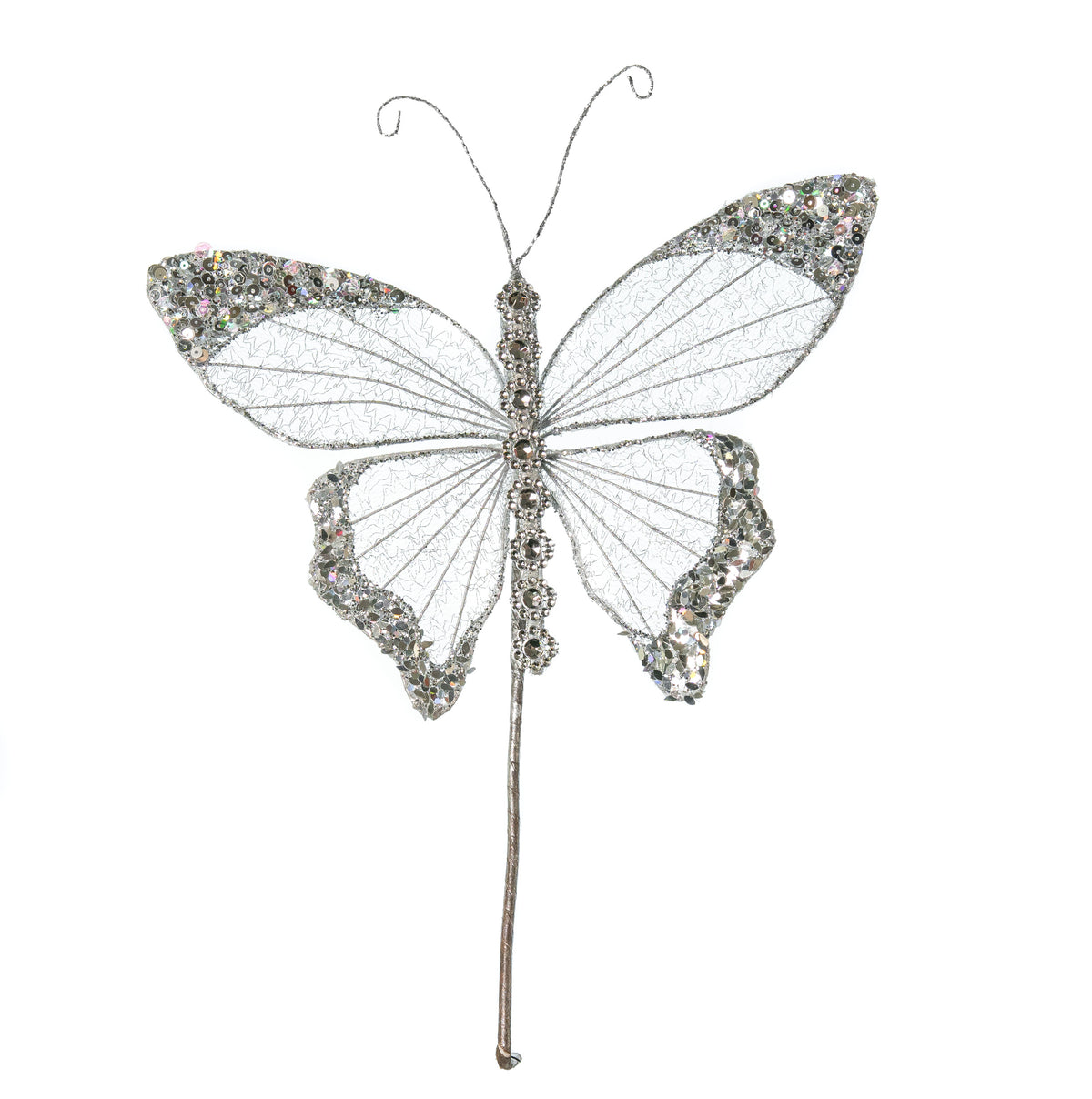 9" Silver Glitter Jewel Butterfly Pick Set Of 6