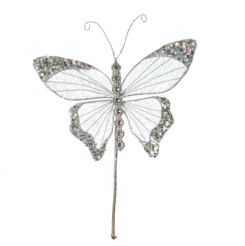 9" Silver Glitter Jewel Butterfly Pick Set Of 6