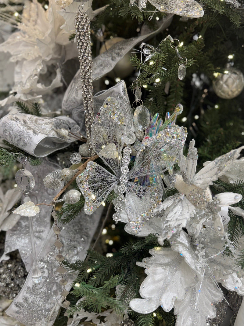 9" Silver Glitter Jewel Butterfly Pick Set Of 6
