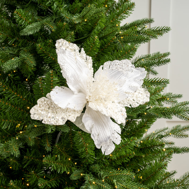 20" Pearl White Sequin Poinsettia Set Of 6