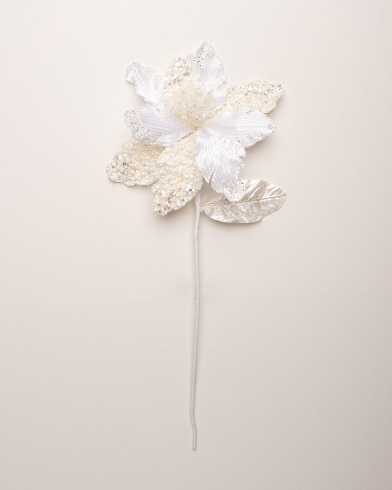 20" Pearl White Sequin Poinsettia Set Of 6