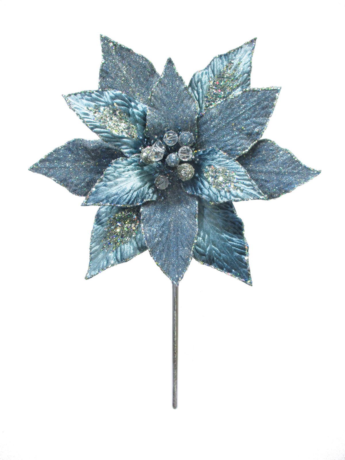 Decorative blue poinsettia flower with gemstones on a white background