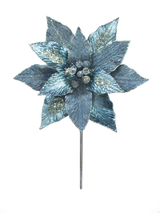Decorative blue poinsettia flower with gemstones on a white background
