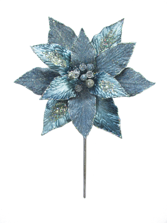 18" Blue & Grey Poinsettia Stem Set Of 6