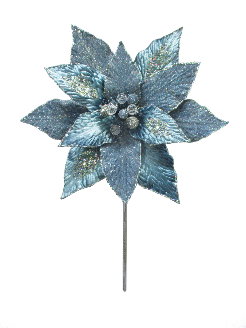 Decorative blue poinsettia flower with gemstones on a white background