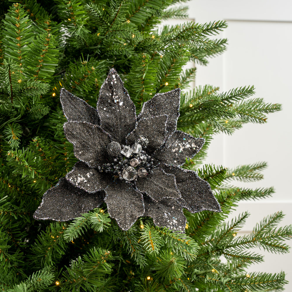12" Black Glitter Poinsettia Set Of 6