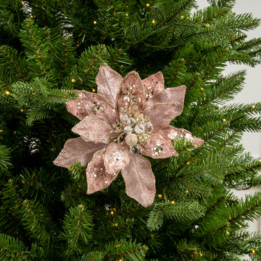 9" Pink Glittered Poinsettia Clip Set Of 6