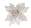 Decorative poinsettia with silver and gold glitter on a white background