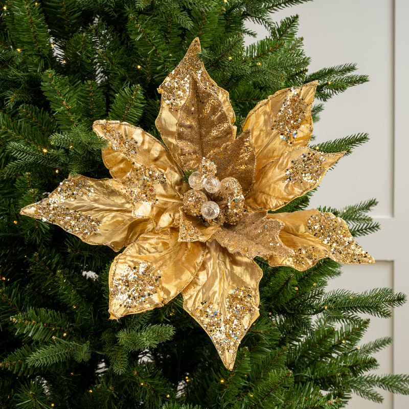 20" Gold Poinsettia Stem Set Of 2