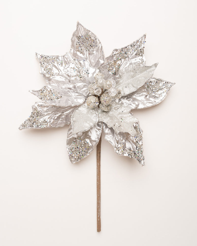 20" Silver Poinsettia Stem Set Of 2