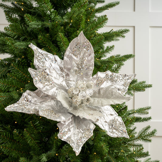 20" Silver Poinsettia Stem Set Of 2