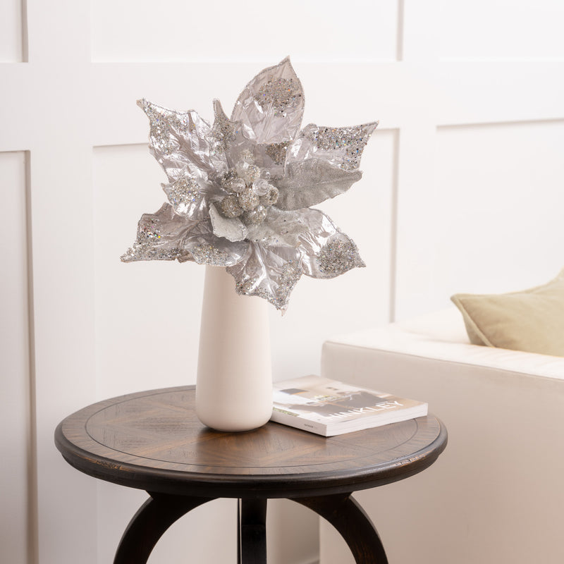 20" Silver Poinsettia Stem Set Of 2