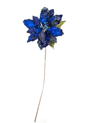 Decorative blue flower on a stick against a white background