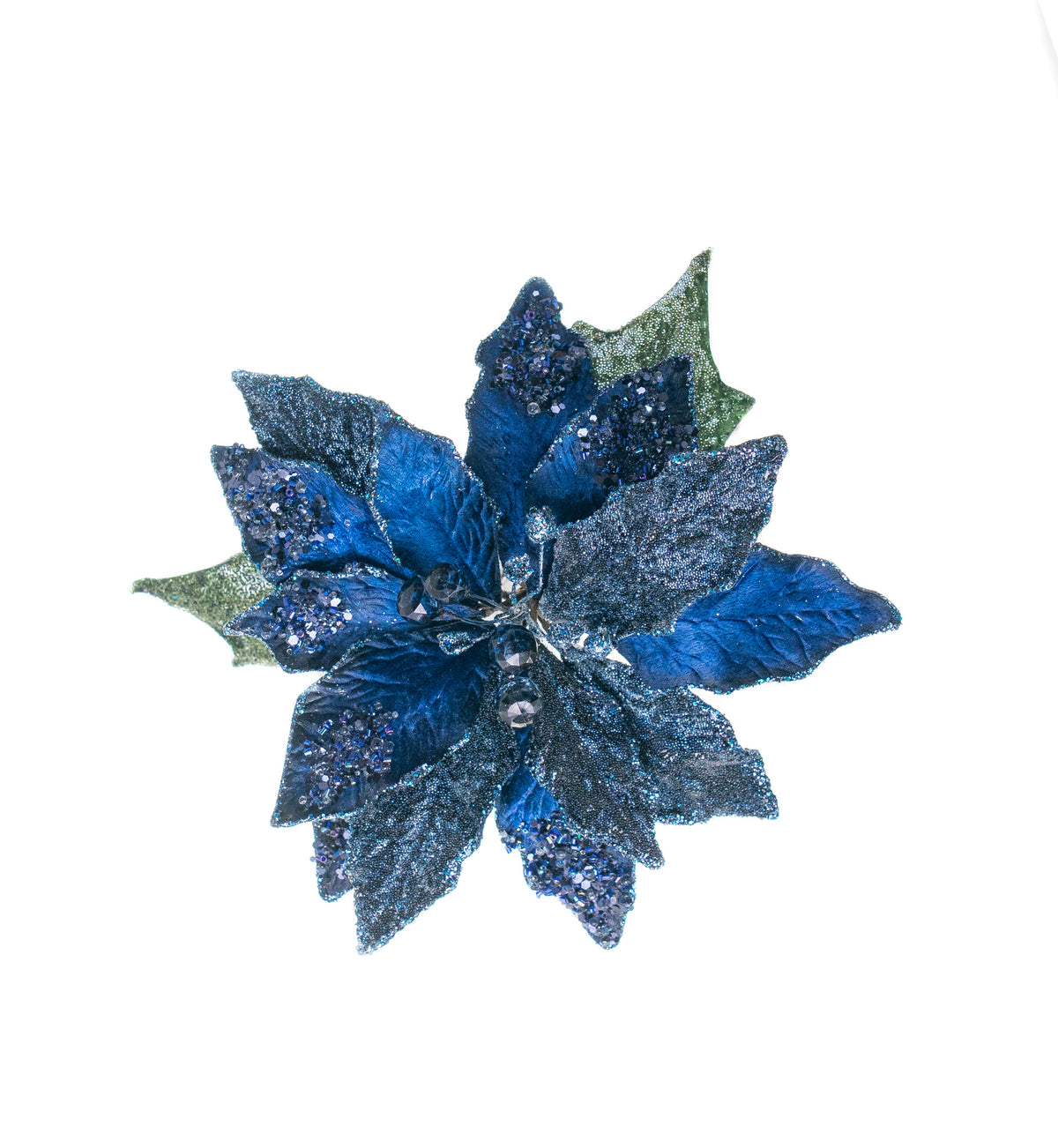 Blue glittery artificial flower on a white background