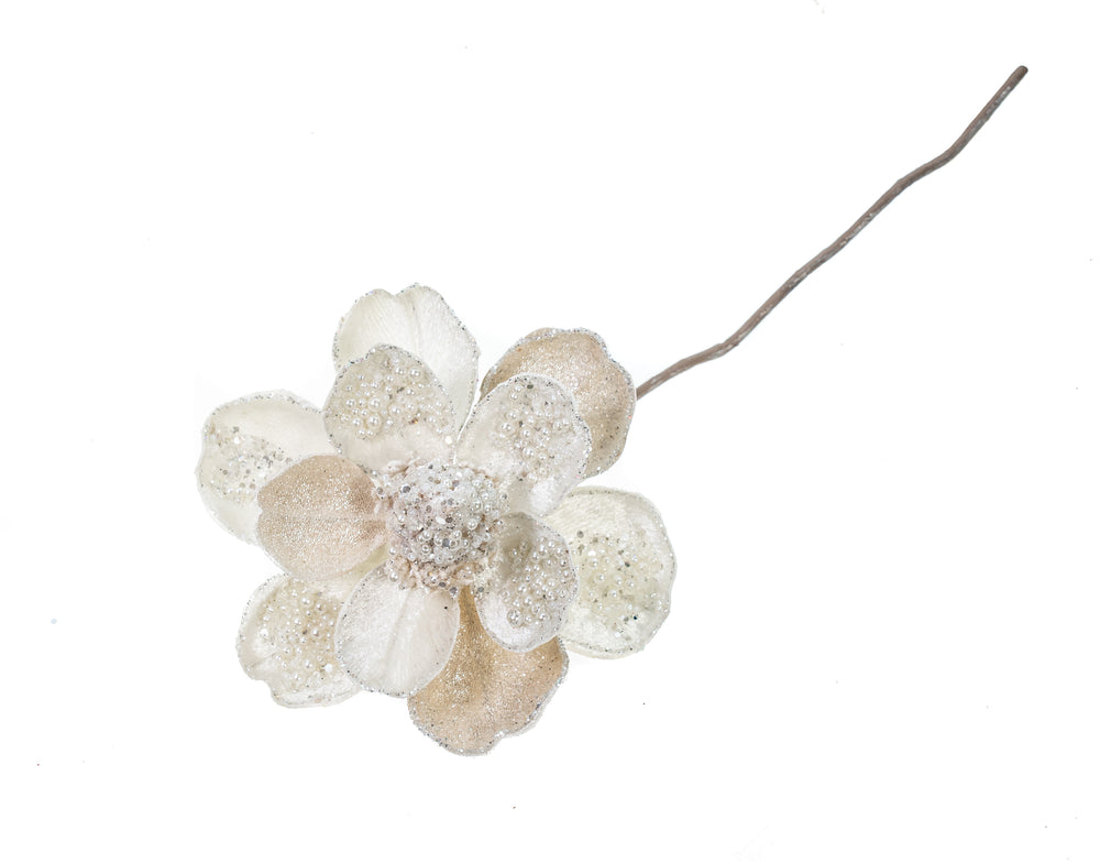 17" Snow Cream Magnolia Stem With Leaves Set Of 6