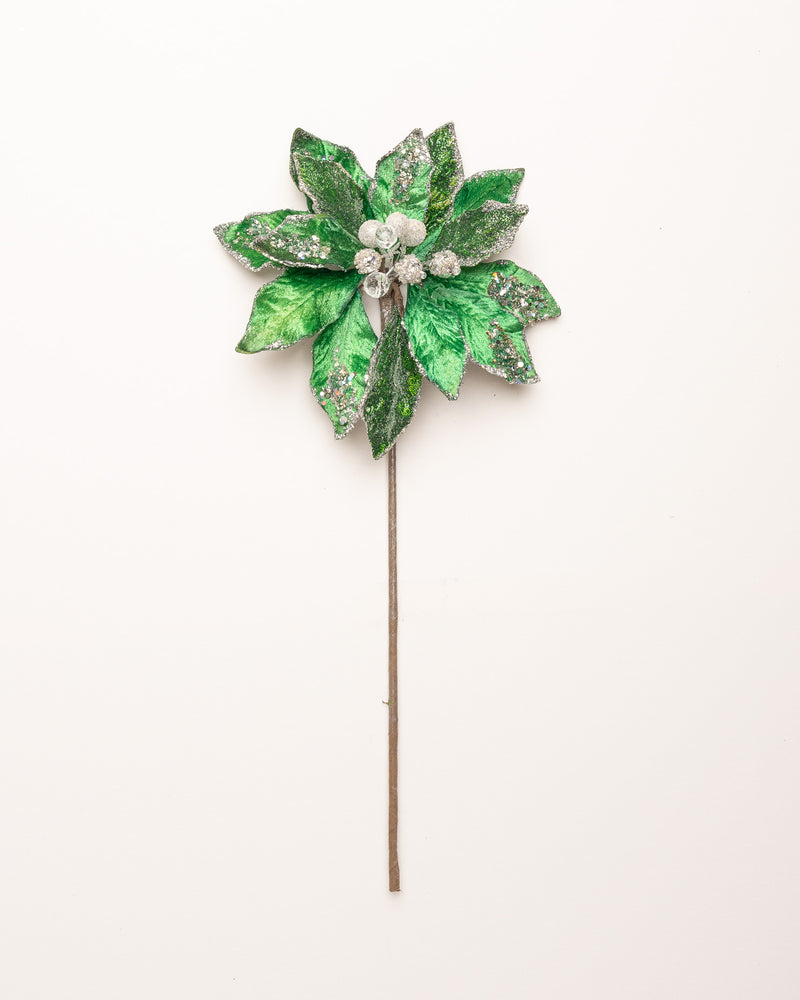 Juego de 6 poinsettias plateadas y esmeraldas de 18"