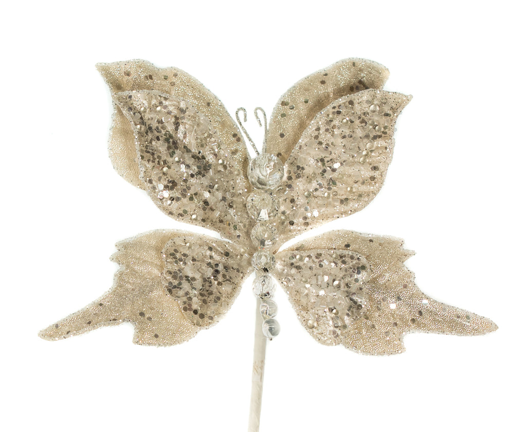 6" Pearl White Glitter Butterfly Pick Set Of 6