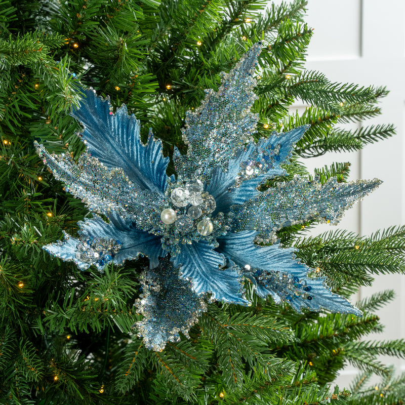 Juego de 6 poinsettias de terciopelo con purpurina de 17"