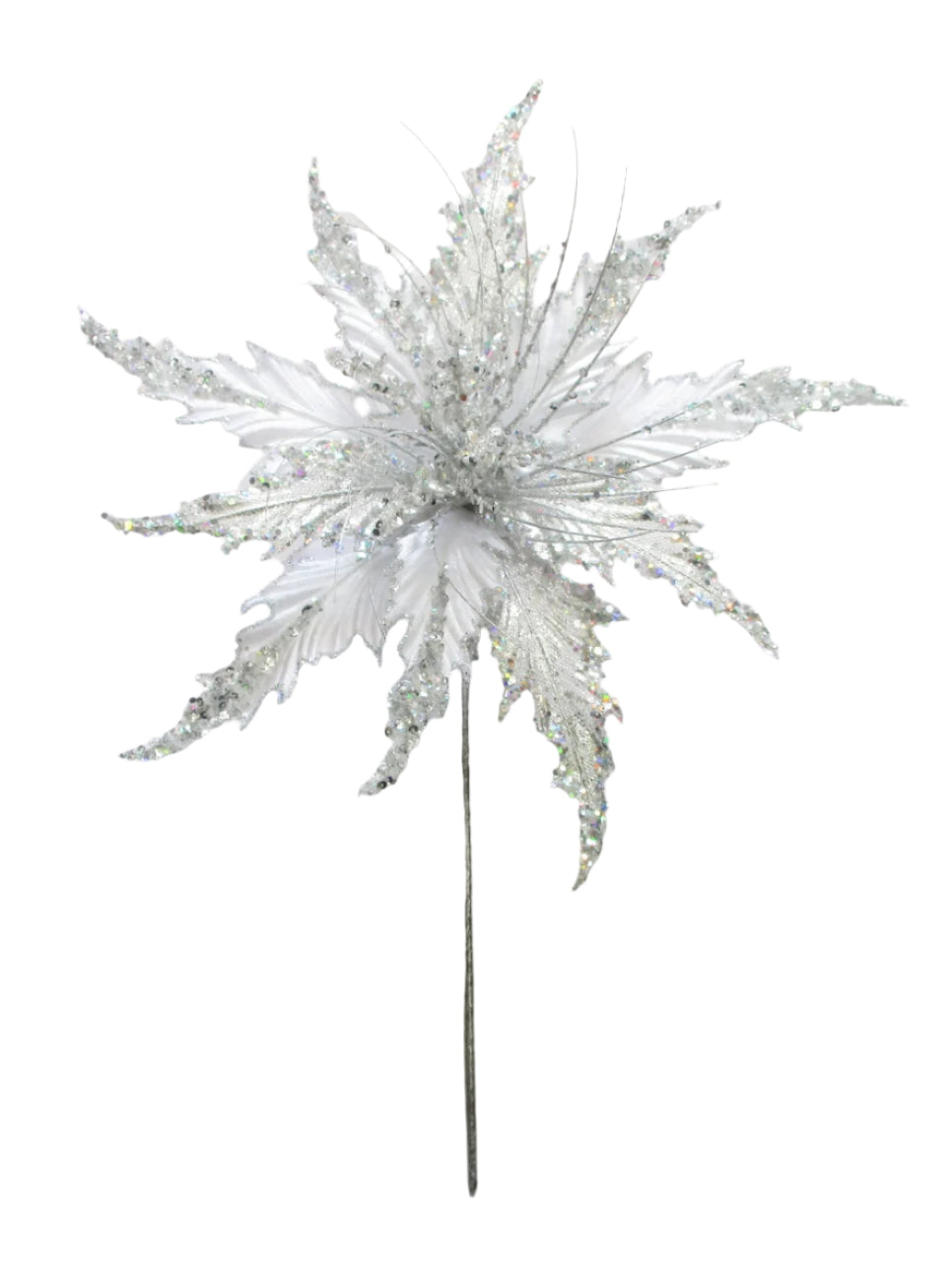 16" White & Silver Poinsettia Stem Set Of 6