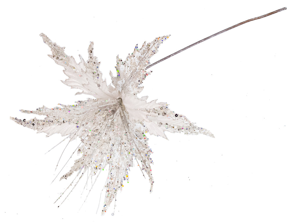 16" White & Silver Poinsettia Stem Set Of 6