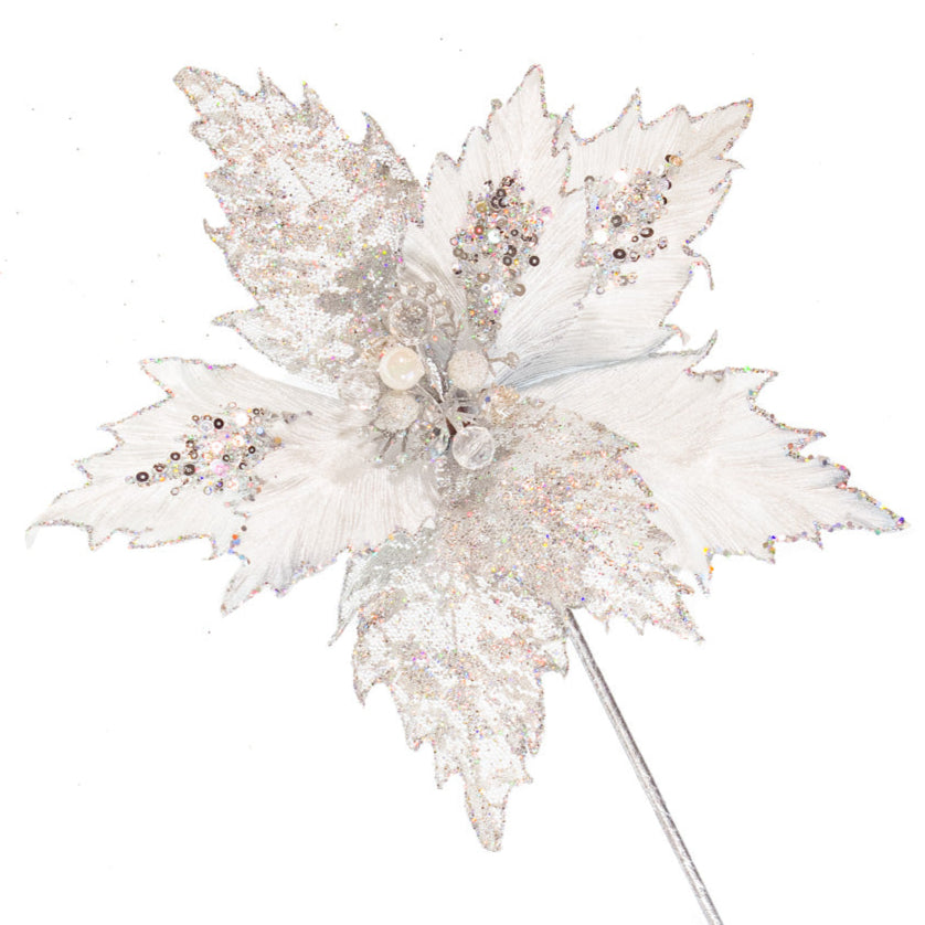 17" Silver Glitter Poinsettia Stem Set Of 6