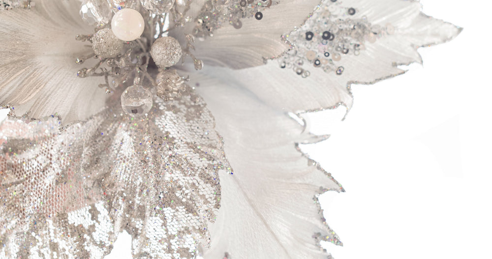 17" Silver Glitter Poinsettia Stem Set Of 6