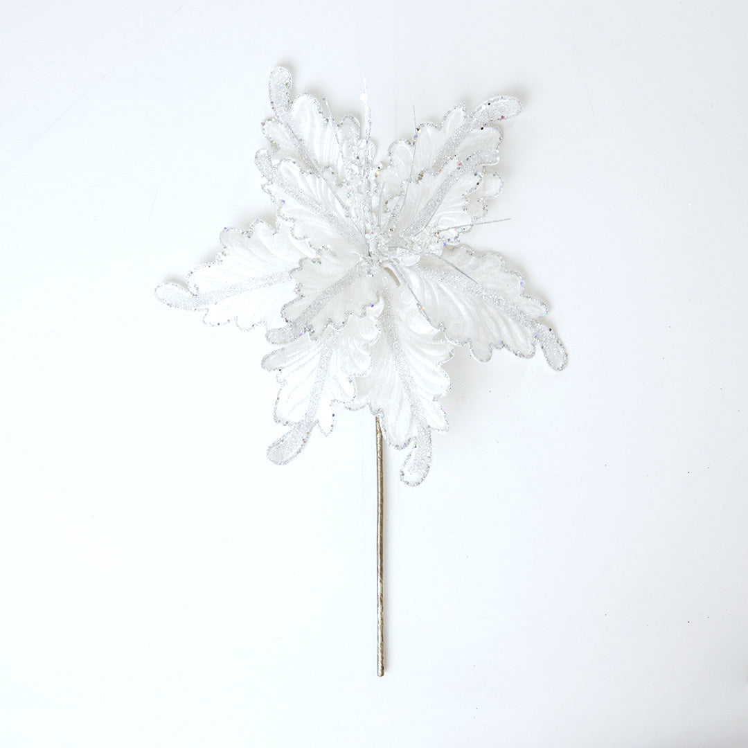 14" White Silver Poinsettia Stem Set of 6