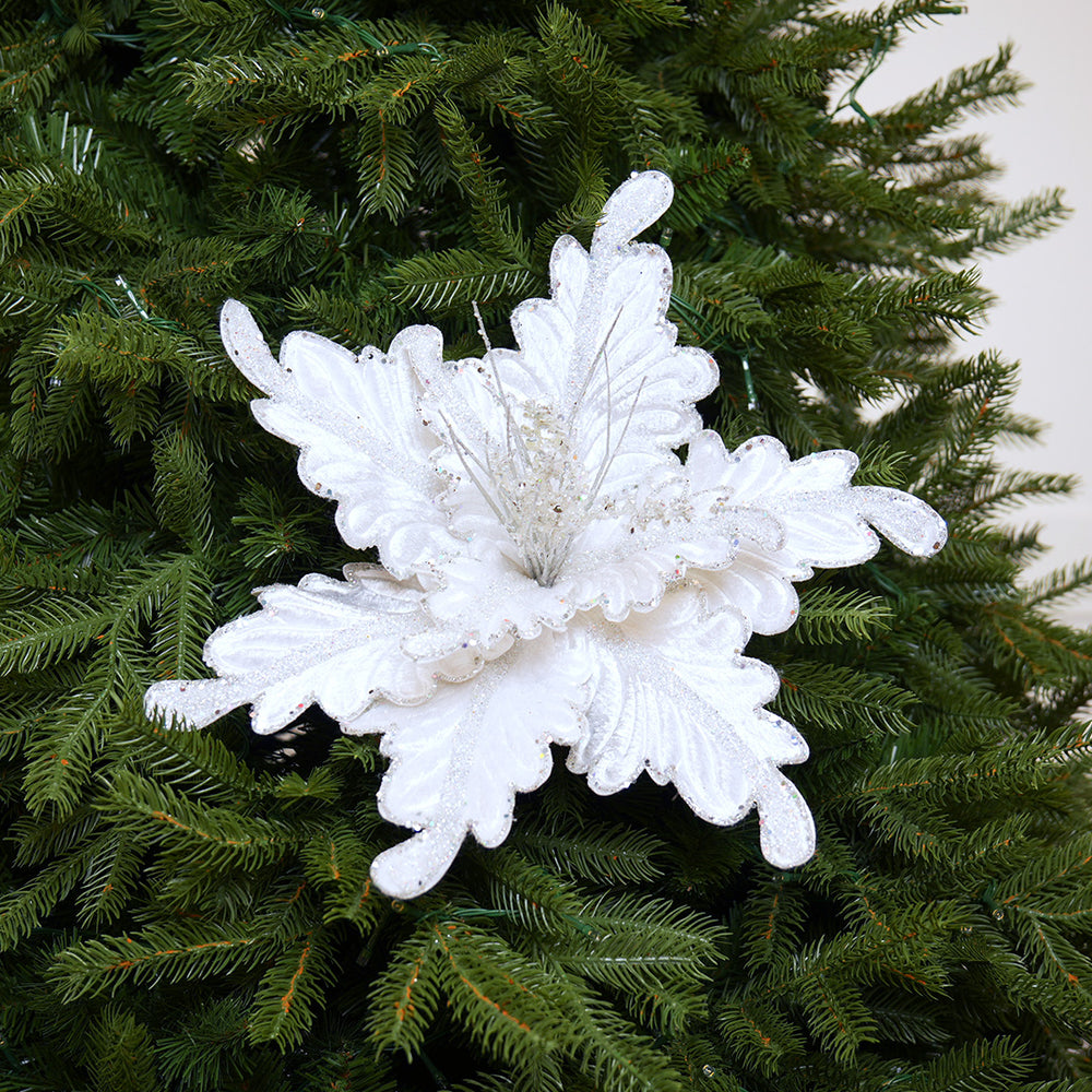 14" White Silver Poinsettia Stem Set of 6