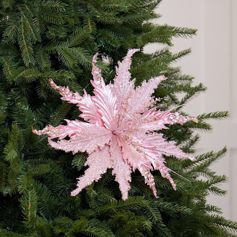 15" Pink Glitter Poinsettia Stem Set Of 4