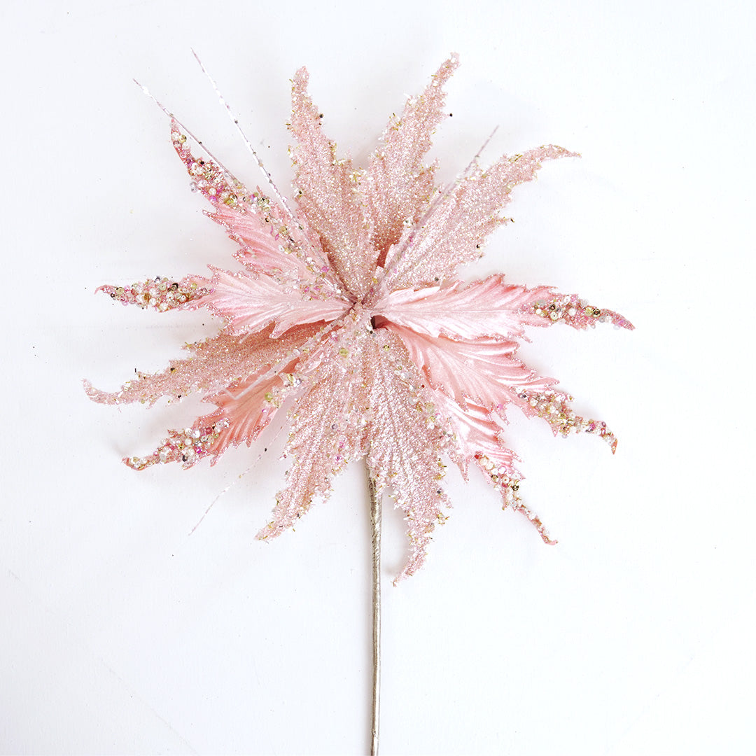 15" Pink Glitter Poinsettia Stem Set Of 4