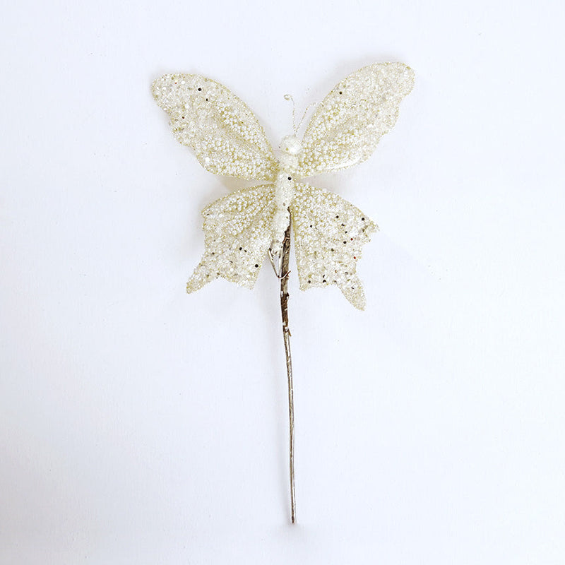 Set de 6 mariposas de 9" en purpurina color marfil