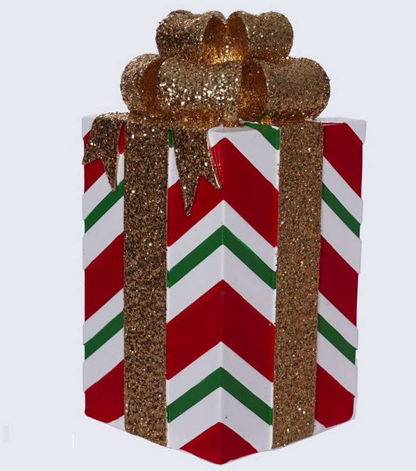 Caja de regalo a rayas rojas, verdes y blancas de 5" x 10" con lazo dorado