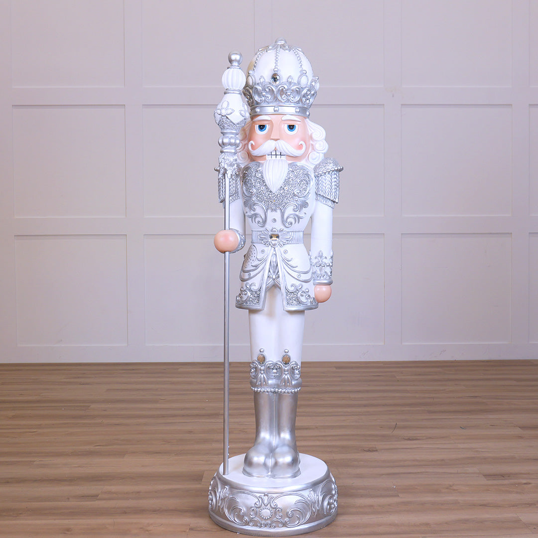 6 FT LED White & Silver King Nutcracker With Staff With Music