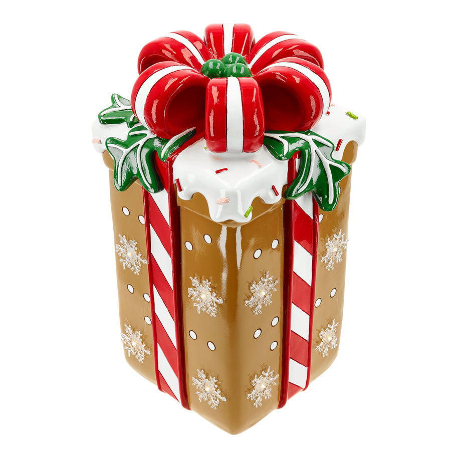 16" LED Gingerbread Gift Box With Holly Bow