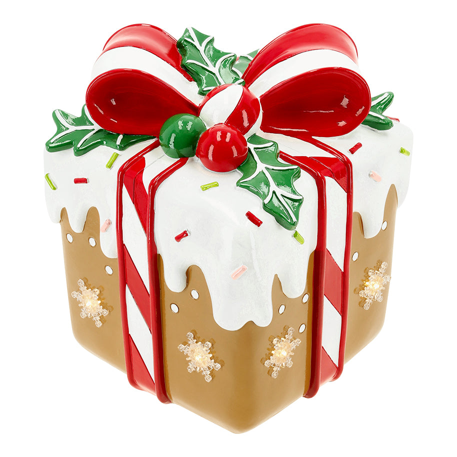 10" LED Gingerbread Gift Box With Holly Bow