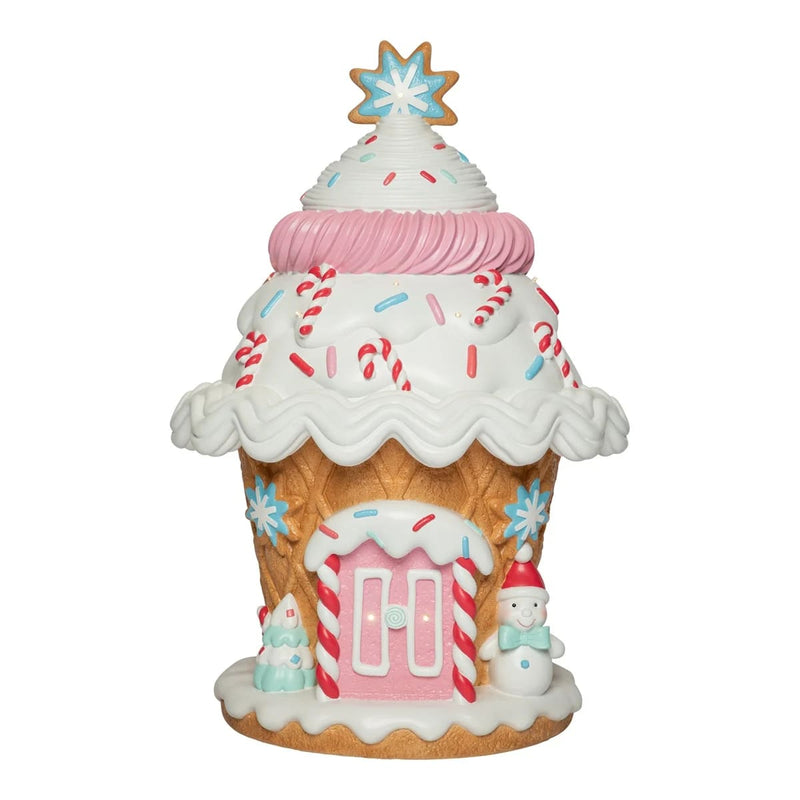 Casa de dulces de pan de jengibre LED rosa y azul de 3,3 pies con pilas