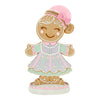 Gingerbread girl figurine with a pink hat and pastel dress on a white background