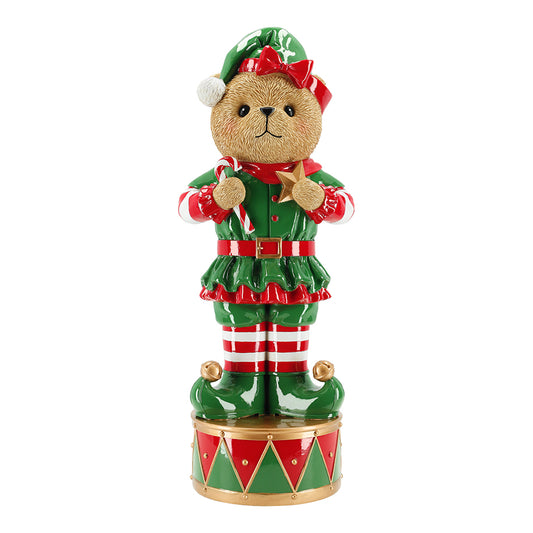 18" Red & Green Elf Bear On Drum