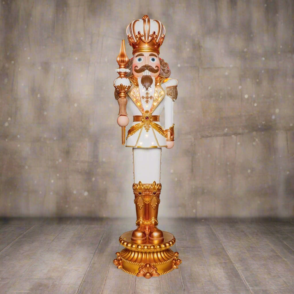 10 FT White & Gold King Nutcracker With Music & Warm White LED Lights