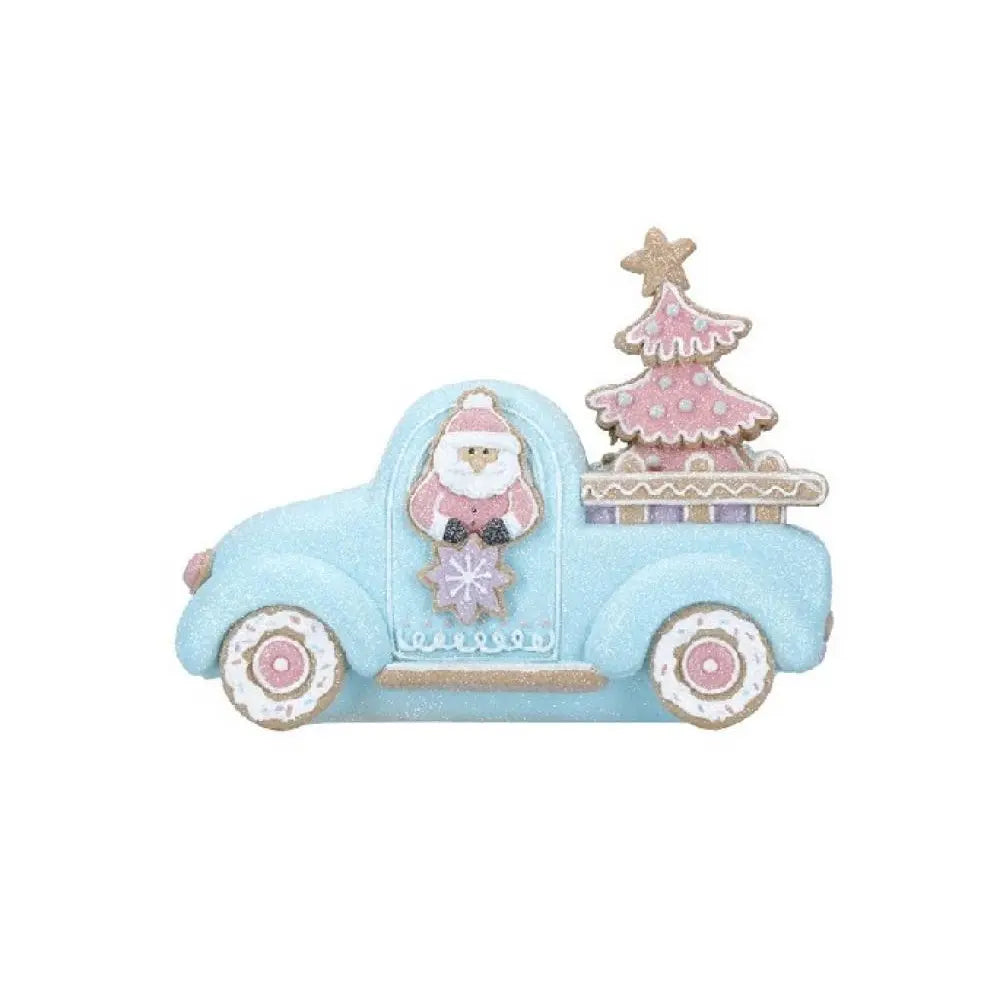 9" X 5" X 7" Santa In Car With Pink Sugar Gingerbread Tree