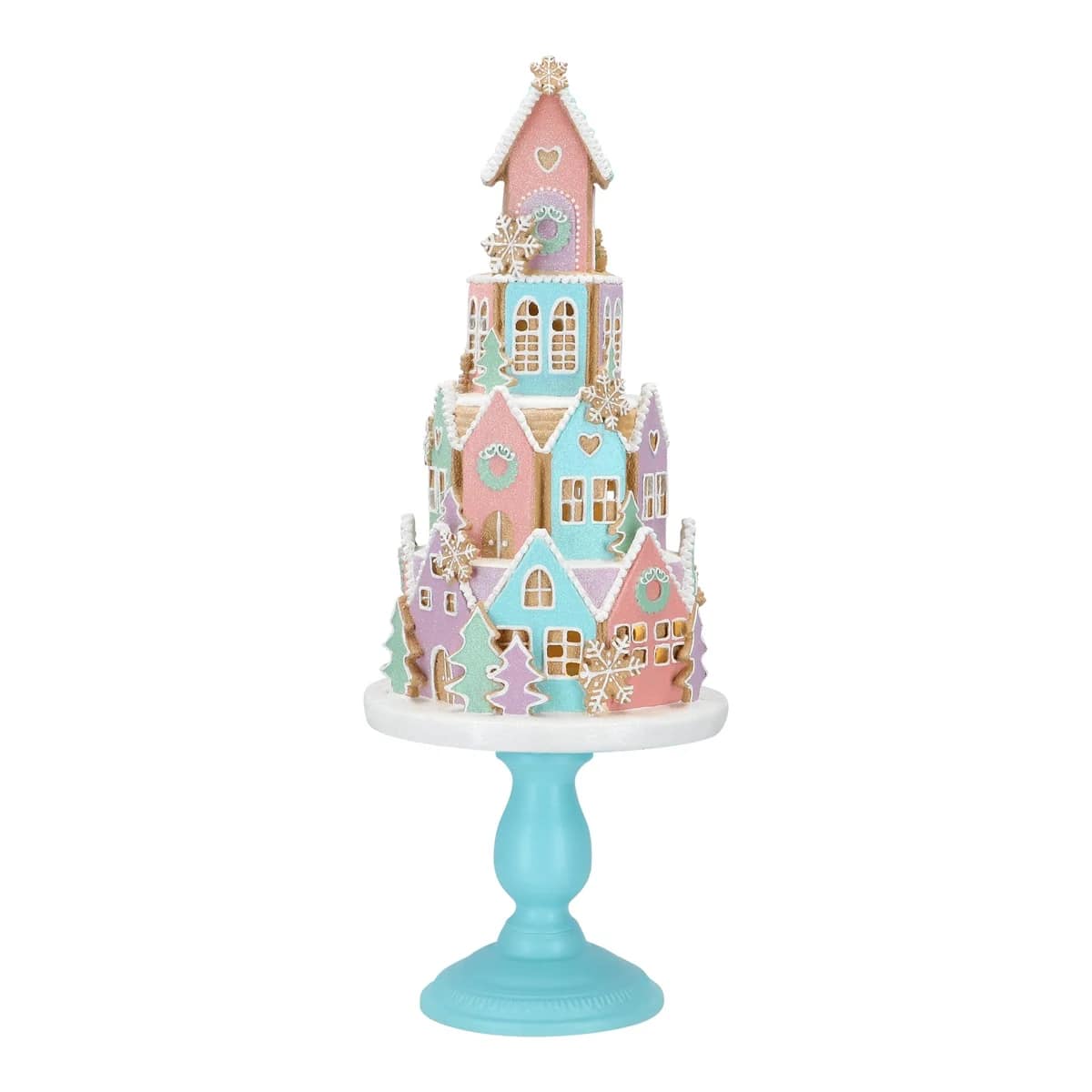 23" LED Pink & Blue Gingerbread Village On Pedestal Battery Operated