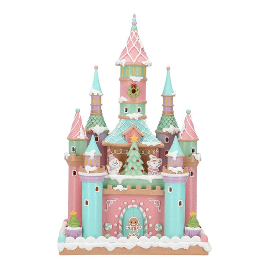 Castillo de caramelo de pan de jengibre LED de 16,5" rosa y azul a pilas