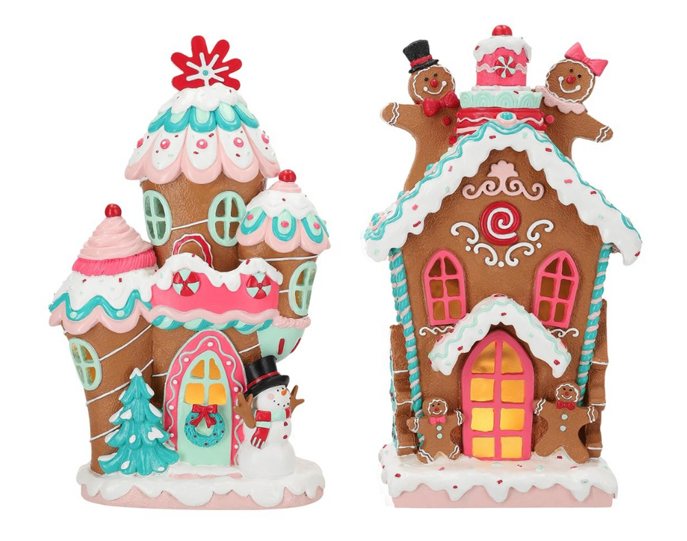 13" Lighted Pastel Gingerbread Houses Assorted Set Of 2