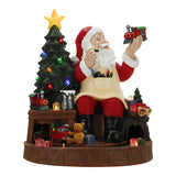 Decorative Christmas scene with Santa Claus, tree, and train on a white background
