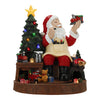 Decorative Christmas scene with Santa Claus, tree, and train on a white background