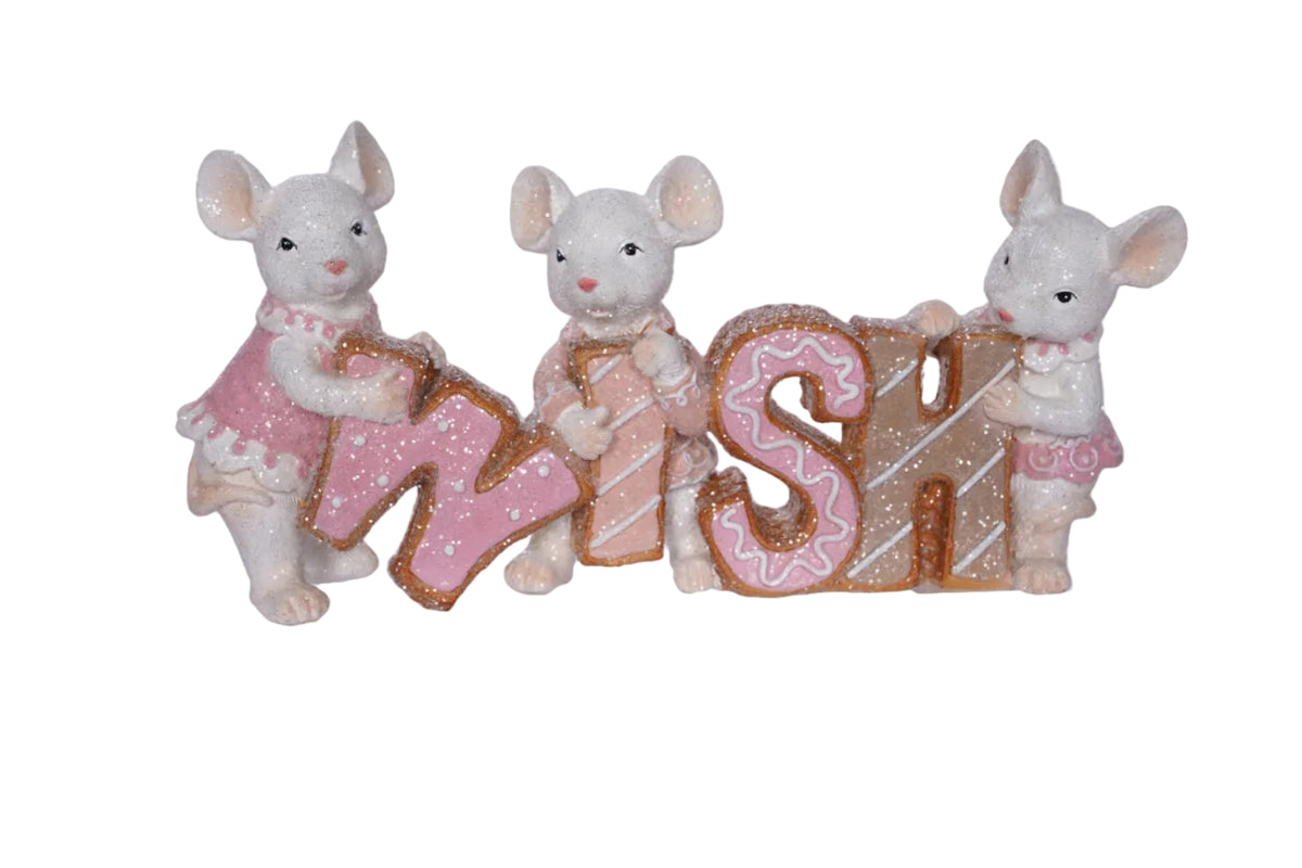 Decorative set of three mouse figurines holding a 'WISH' sign on a white background